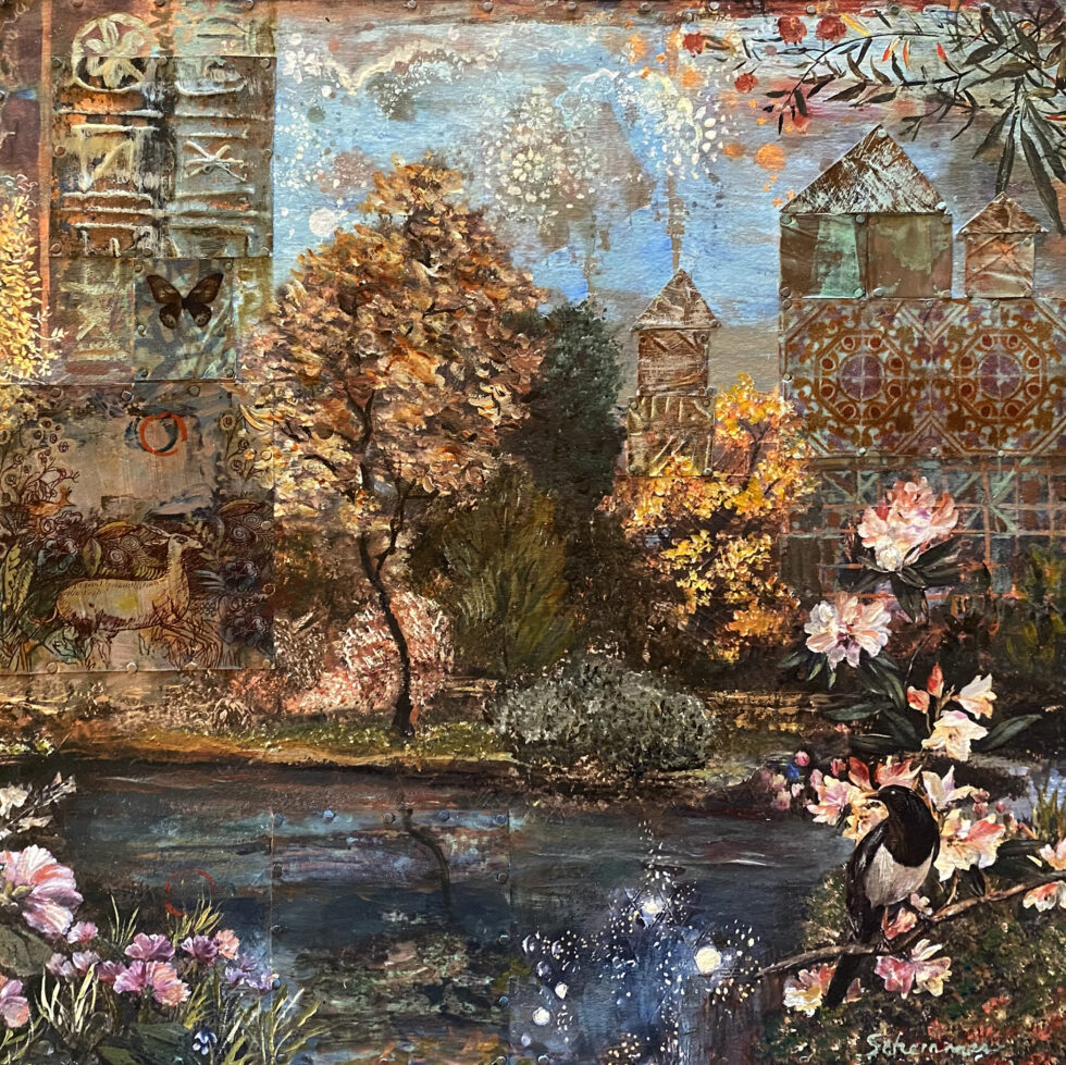 floral landscape with water and trees